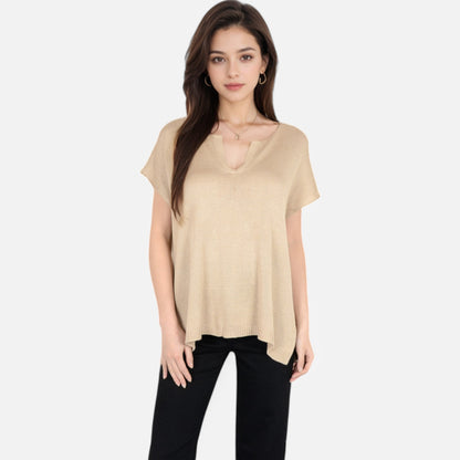 Anna-Kaci Women's V-Neck Knit Top with Short Sleeves and Relaxed Fit