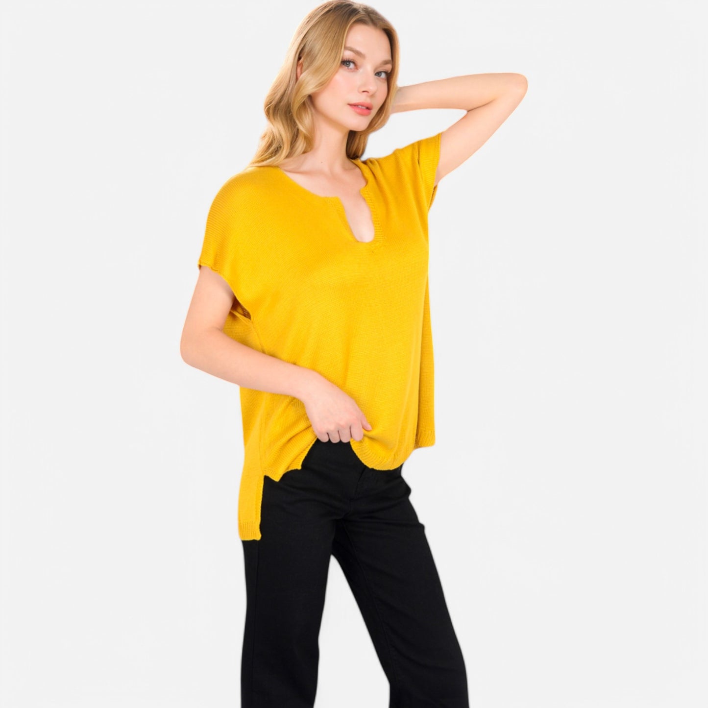 Anna-Kaci Women's V-Neck Knit Top with Short Sleeves and Relaxed Fit