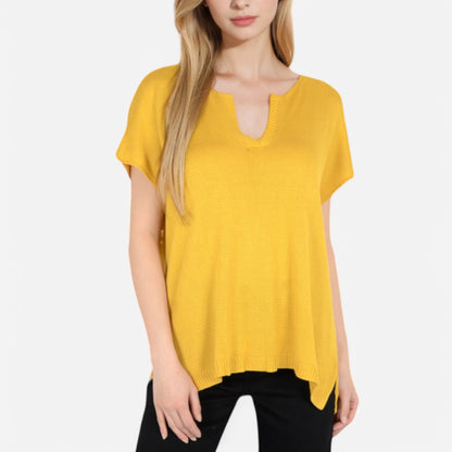 Anna-Kaci Women's V-Neck Knit Top with Short Sleeves and Relaxed Fit
