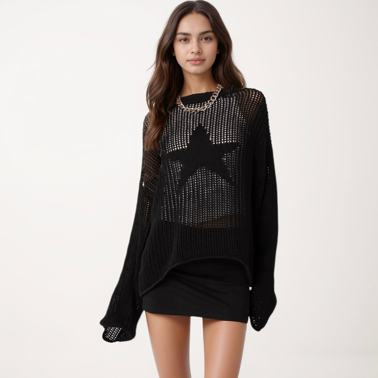Anna-Kaci Women's Loose Knit Long Sleeve Sweater with Bold Star Design and Semi-Sheer Open Weave Texture