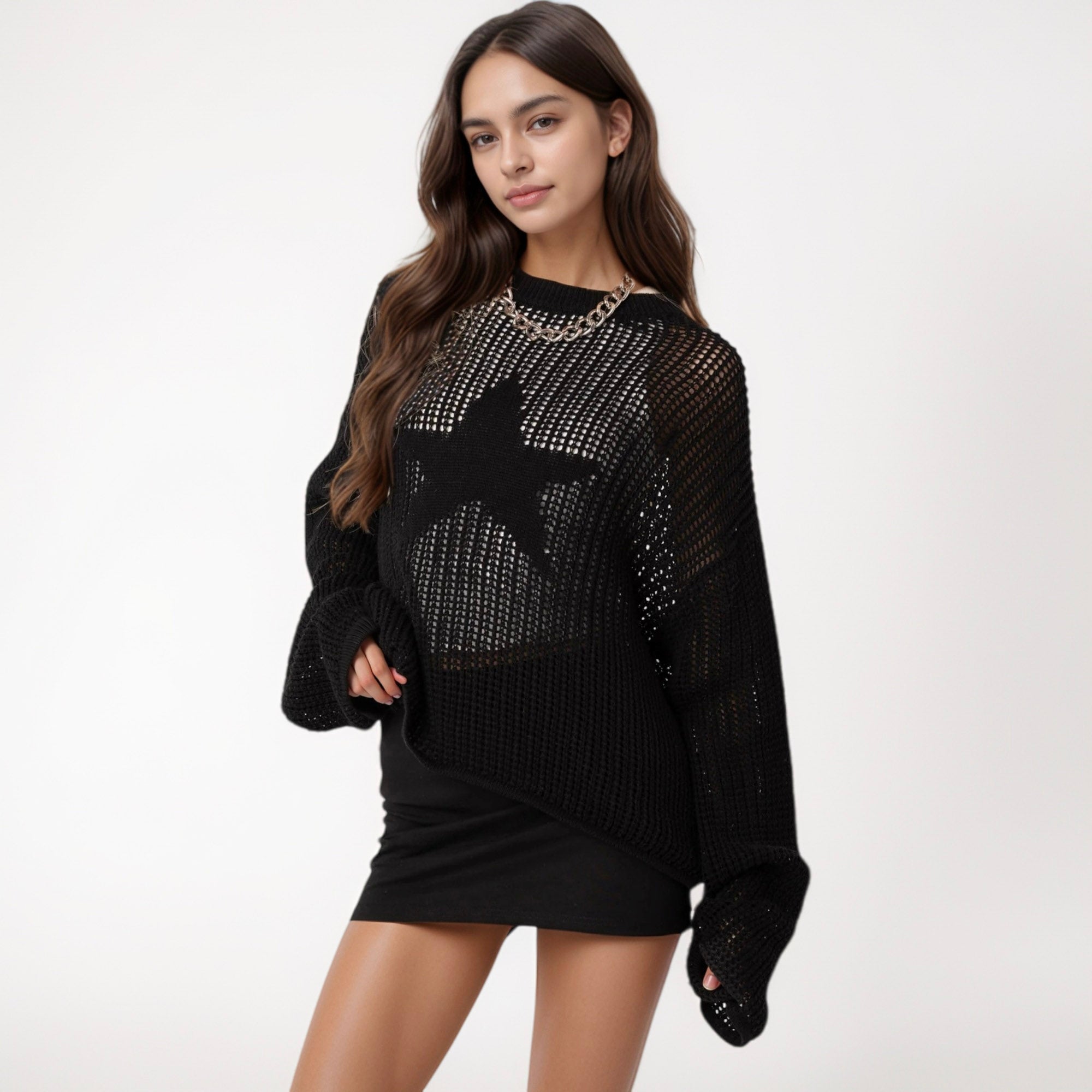 Anna-Kaci Women's Loose Knit Long Sleeve Sweater with Bold Star Design and Semi-Sheer Open Weave Texture