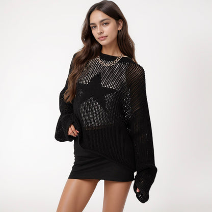 Anna-Kaci Women's Loose Knit Long Sleeve Sweater with Bold Star Design and Semi-Sheer Open Weave Texture
