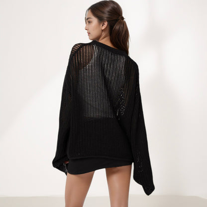 Anna-Kaci Women's Loose Knit Long Sleeve Sweater with Bold Star Design and Semi-Sheer Open Weave Texture