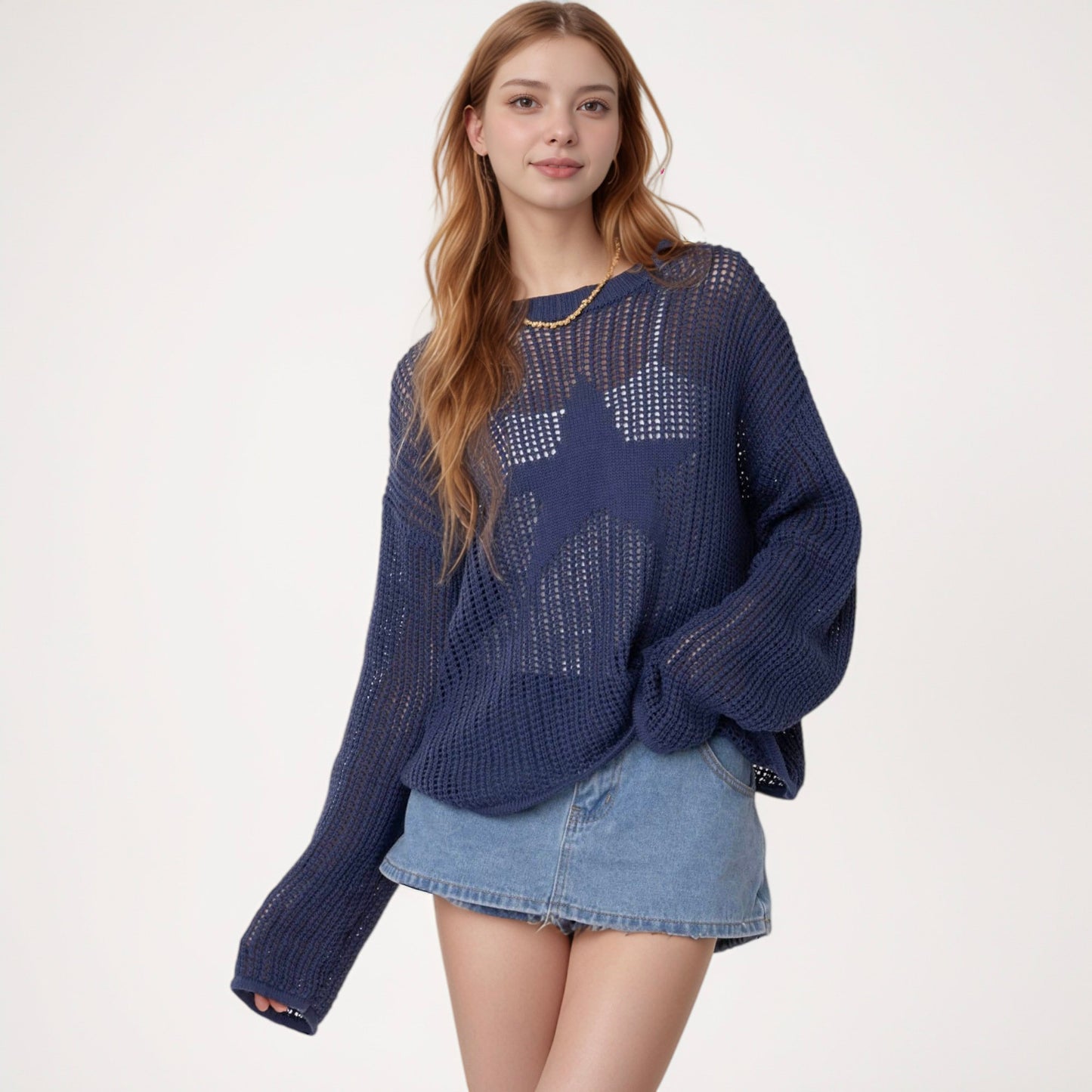 Anna-Kaci Women's Loose Knit Long Sleeve Sweater with Bold Star Design and Semi-Sheer Open Weave Texture