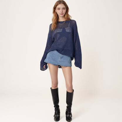 Anna-Kaci Women's Loose Knit Long Sleeve Sweater with Bold Star Design and Semi-Sheer Open Weave Texture