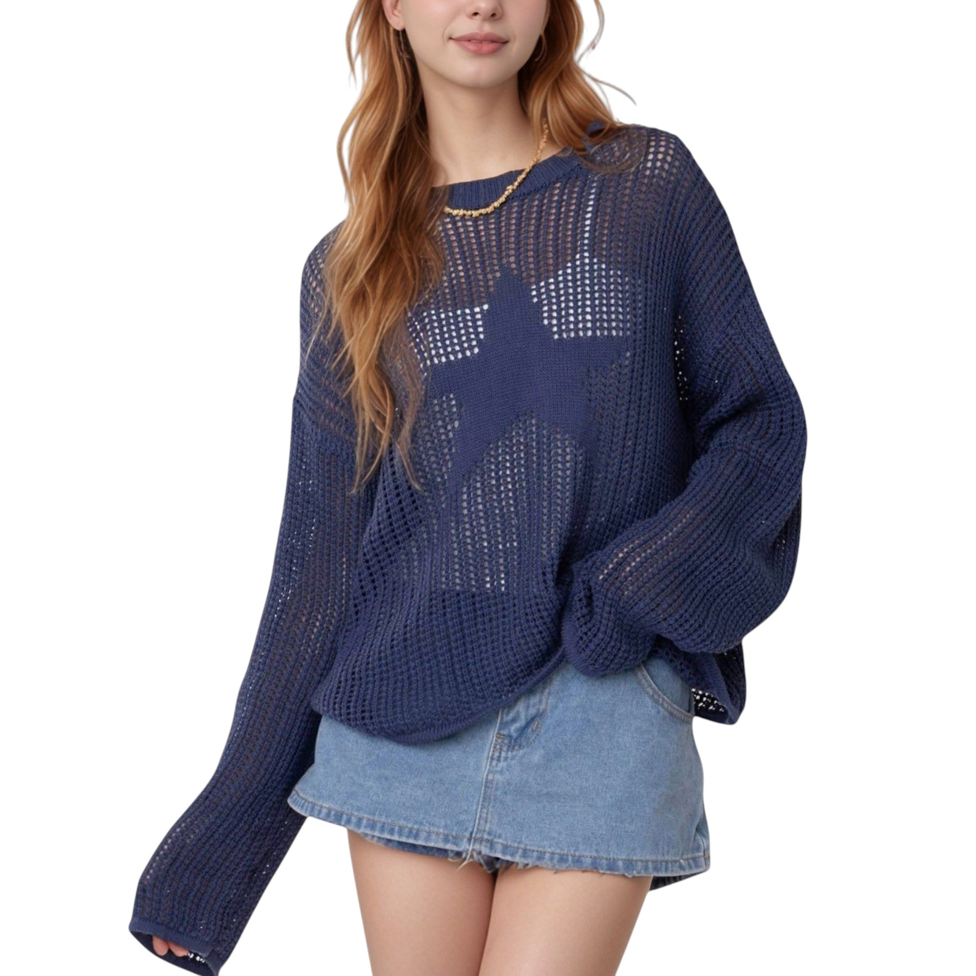Anna-Kaci Women's Loose Knit Long Sleeve Sweater with Bold Star Design and Semi-Sheer Open Weave Texture
