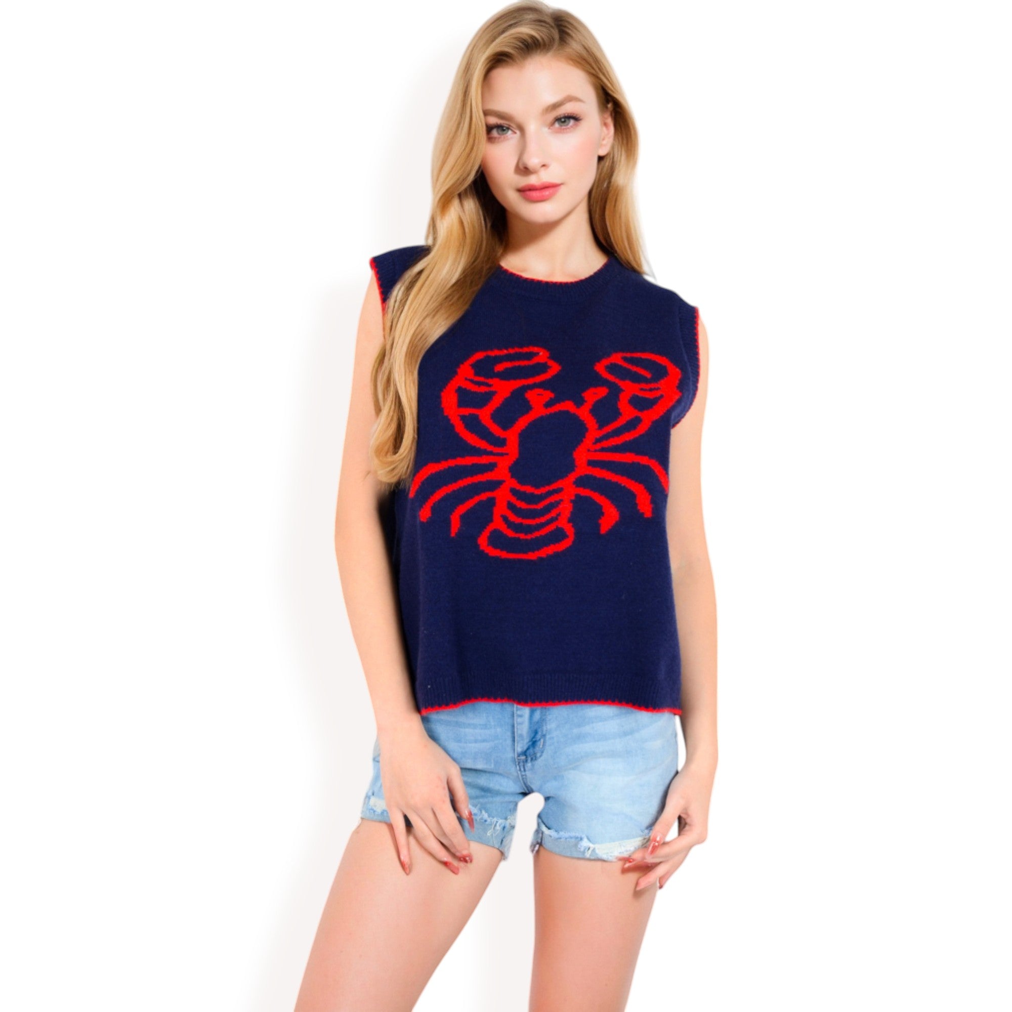 Anna-Kaci Women's Lobster  Embroidered Knit Sleeveless Sweater Vest with Ribbed Trim