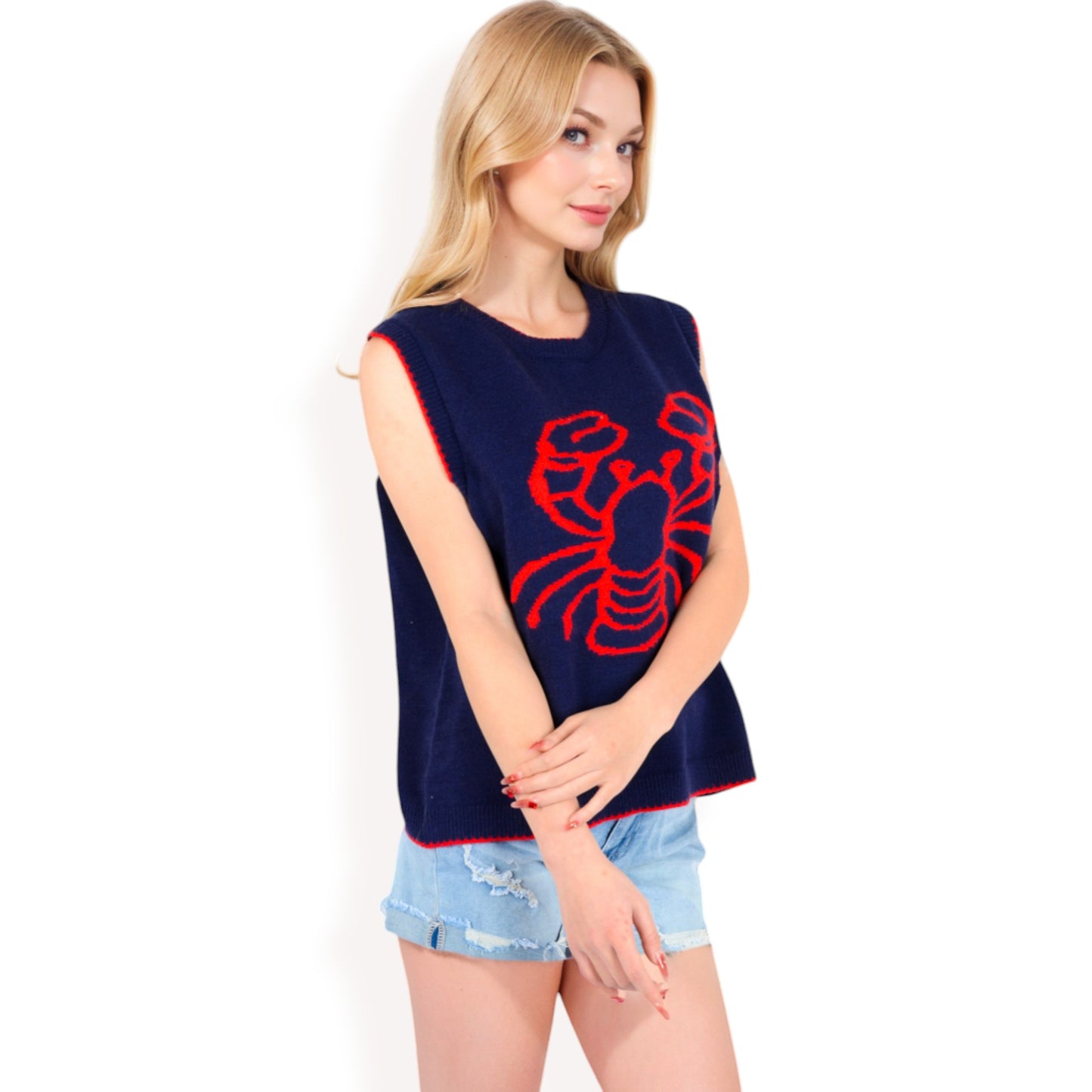 Anna-Kaci Women's Lobster  Embroidered Knit Sleeveless Sweater Vest with Ribbed Trim