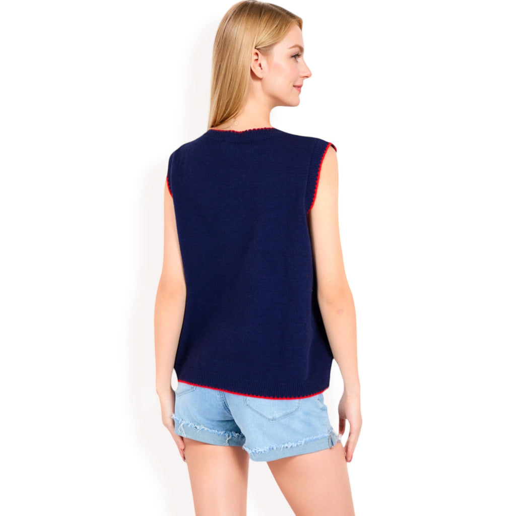 Anna-Kaci Women's Lobster  Embroidered Knit Sleeveless Sweater Vest with Ribbed Trim