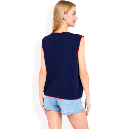 Anna-Kaci Women's Lobster  Embroidered Knit Sleeveless Sweater Vest with Ribbed Trim