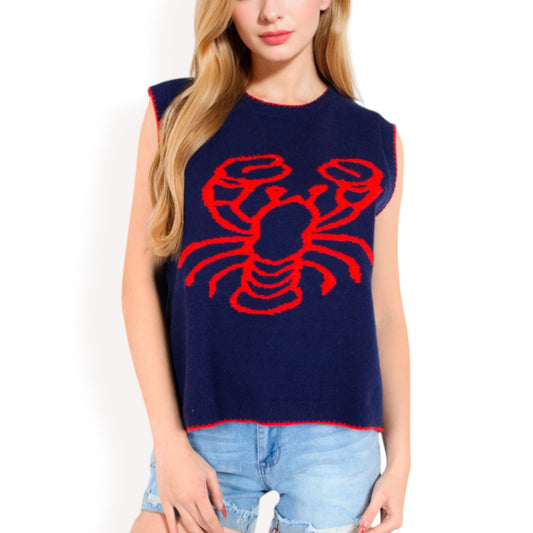 Anna-Kaci Women's Lobster  Embroidered Knit Sleeveless Sweater Vest with Ribbed Trim