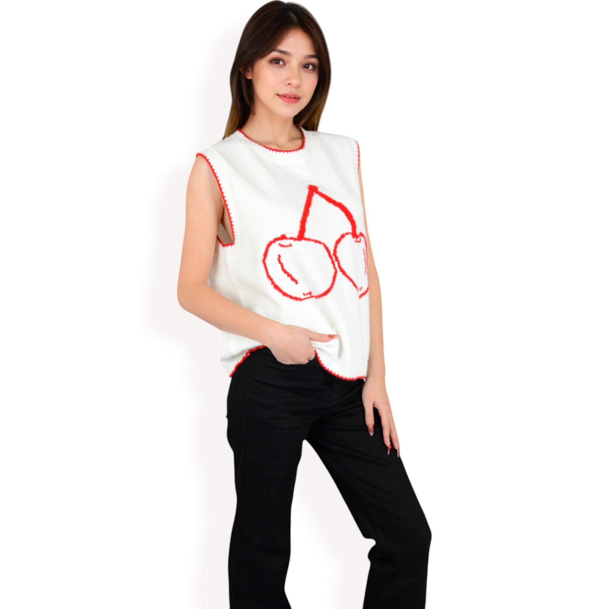 Anna-Kaci Women's Lobster  Embroidered Knit Sleeveless Sweater Vest with Ribbed Trim