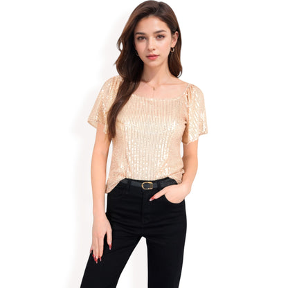 Anna-Kaci Women's Short Sleeve Square Neck Sequin Top for Special Occasions