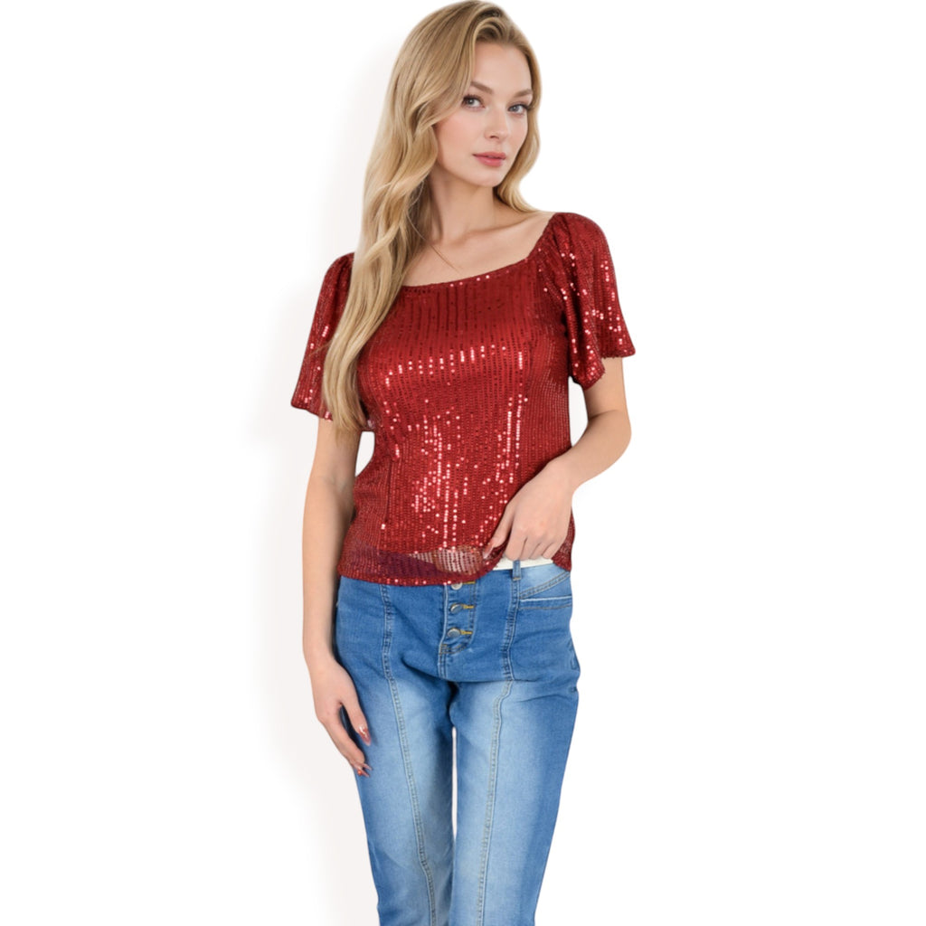 Anna-Kaci Women's Short Sleeve Square Neck Sequin Top for Special Occasions