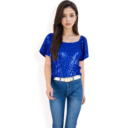 Anna-Kaci Women's Short Sleeve Square Neck Sequin Top for Special Occasions