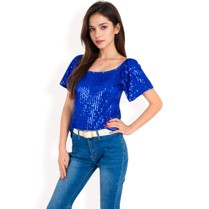 Anna-Kaci Women's Short Sleeve Square Neck Sequin Top for Special Occasions