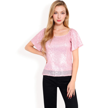 Anna-Kaci Women's Short Sleeve Square Neck Sequin Top for Special Occasions