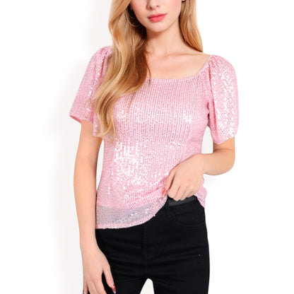 Anna-Kaci Women's Short Sleeve Square Neck Sequin Top for Special Occasions