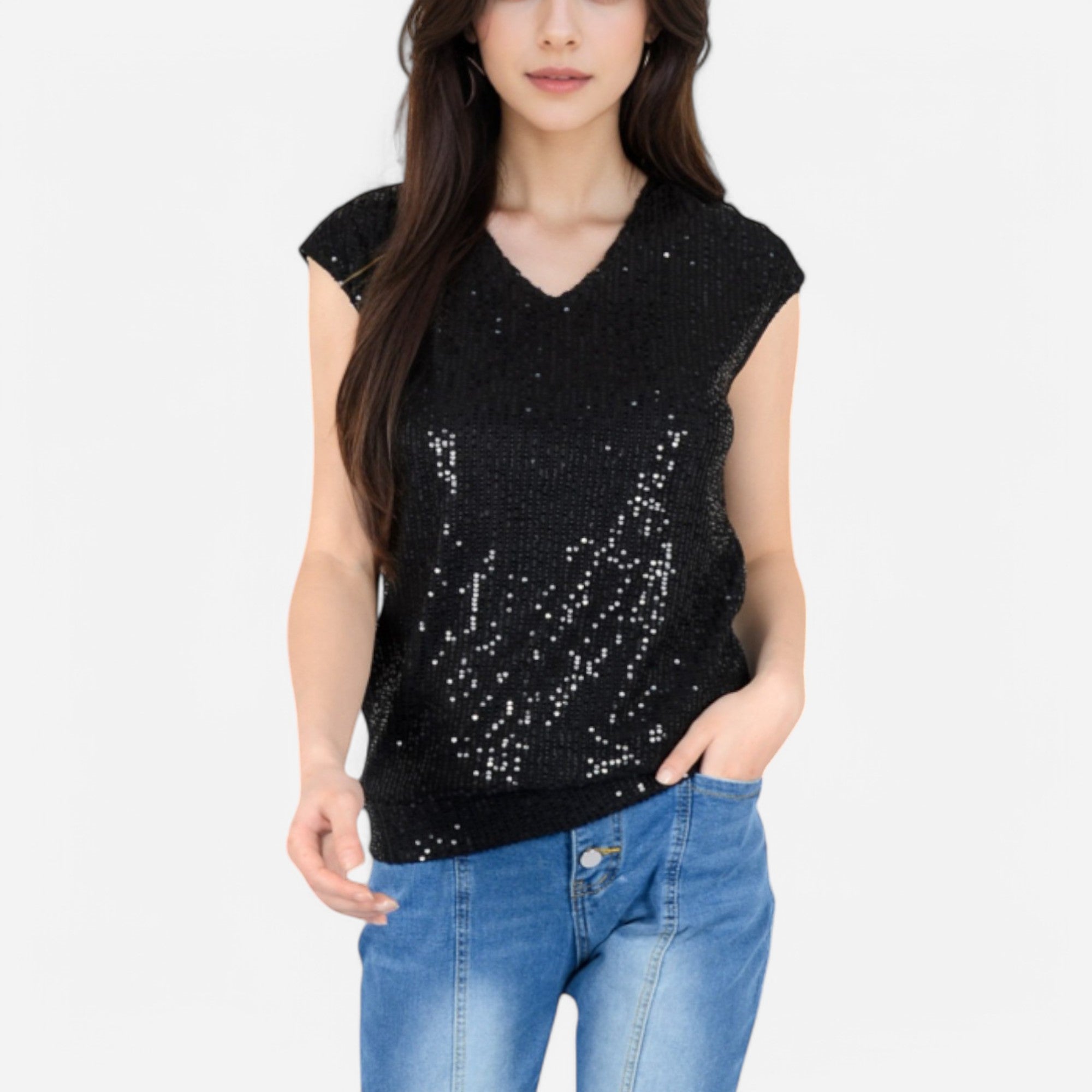 Anna-Kaci Women's Sequin V-Neck Top with Cap Sleeves and Relaxed Fit