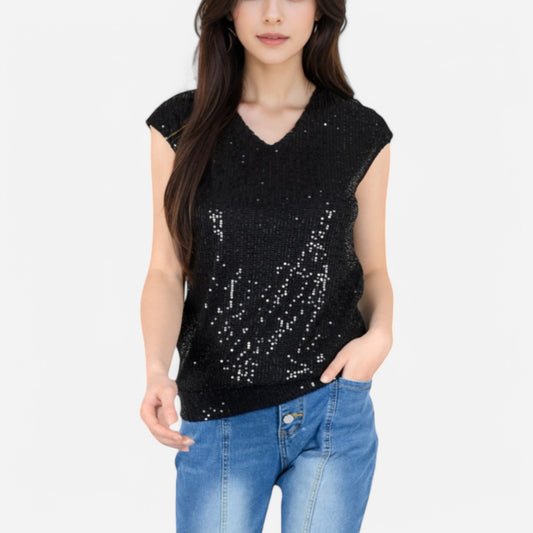 Anna-Kaci Women's Sequin V-Neck Top with Cap Sleeves and Relaxed Fit