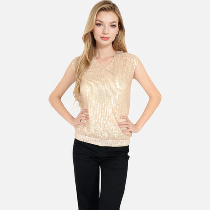 Anna-Kaci Women's Sequin V-Neck Top with Cap Sleeves and Relaxed Fit