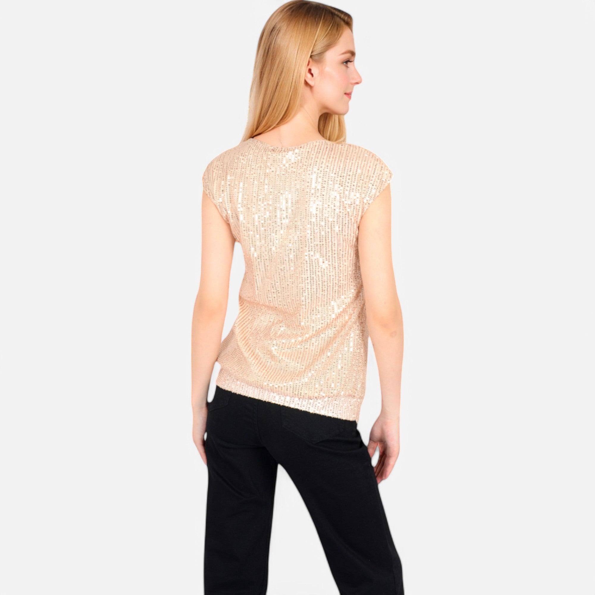Anna-Kaci Women's Sequin V-Neck Top with Cap Sleeves and Relaxed Fit