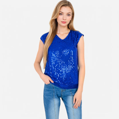 Anna-Kaci Women's Sequin V-Neck Top with Cap Sleeves and Relaxed Fit