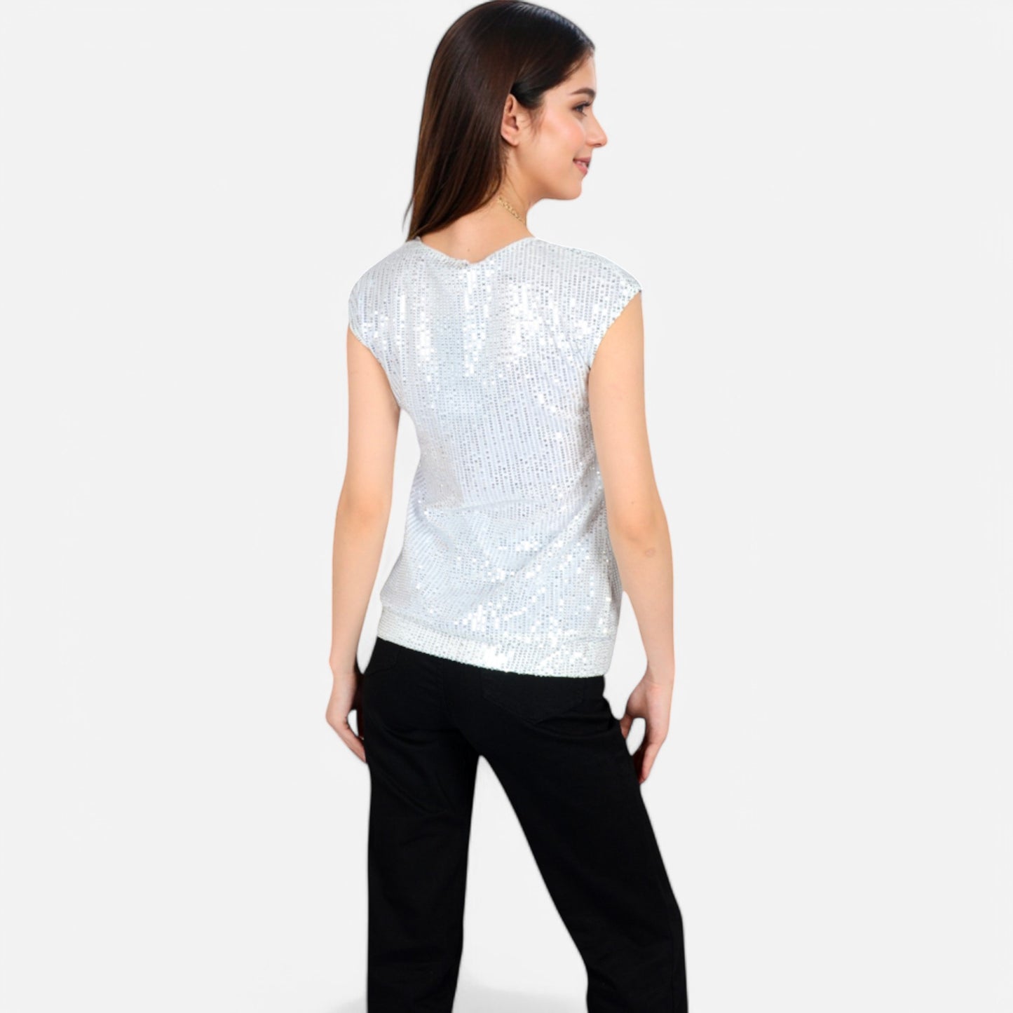 Anna-Kaci Women's Sequin V-Neck Top with Cap Sleeves and Relaxed Fit