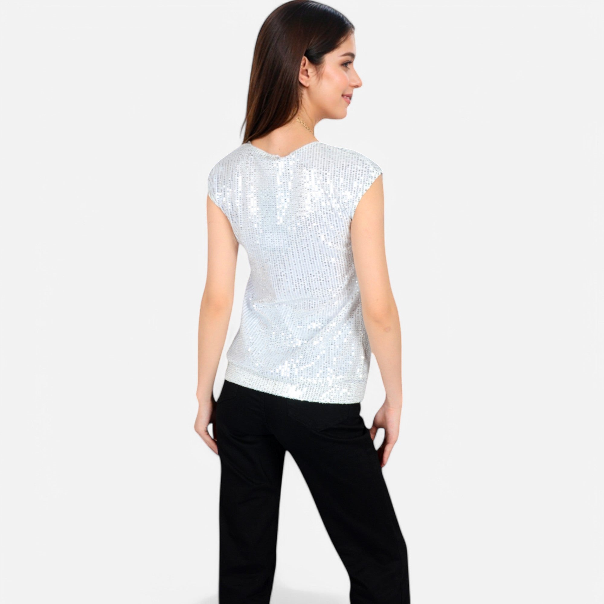 Anna-Kaci Women's Sequin V-Neck Top with Cap Sleeves and Relaxed Fit