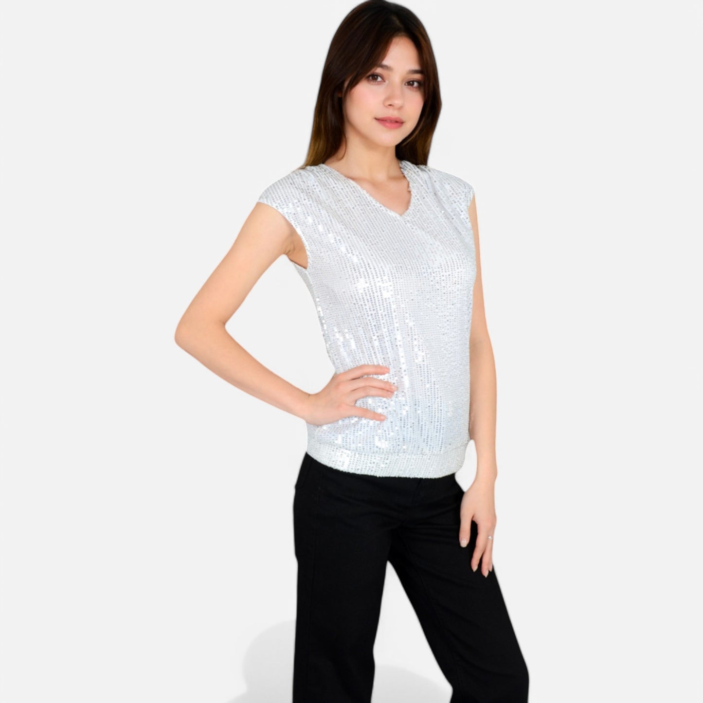 Anna-Kaci Women's Sequin V-Neck Top with Cap Sleeves and Relaxed Fit