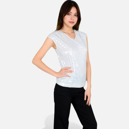 Anna-Kaci Women's Sequin V-Neck Top with Cap Sleeves and Relaxed Fit