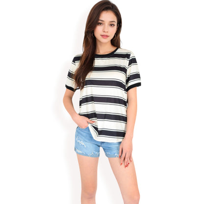 Anna-Kaci Women's Short Sleeve Striped Casual Tee with Contrast Trim