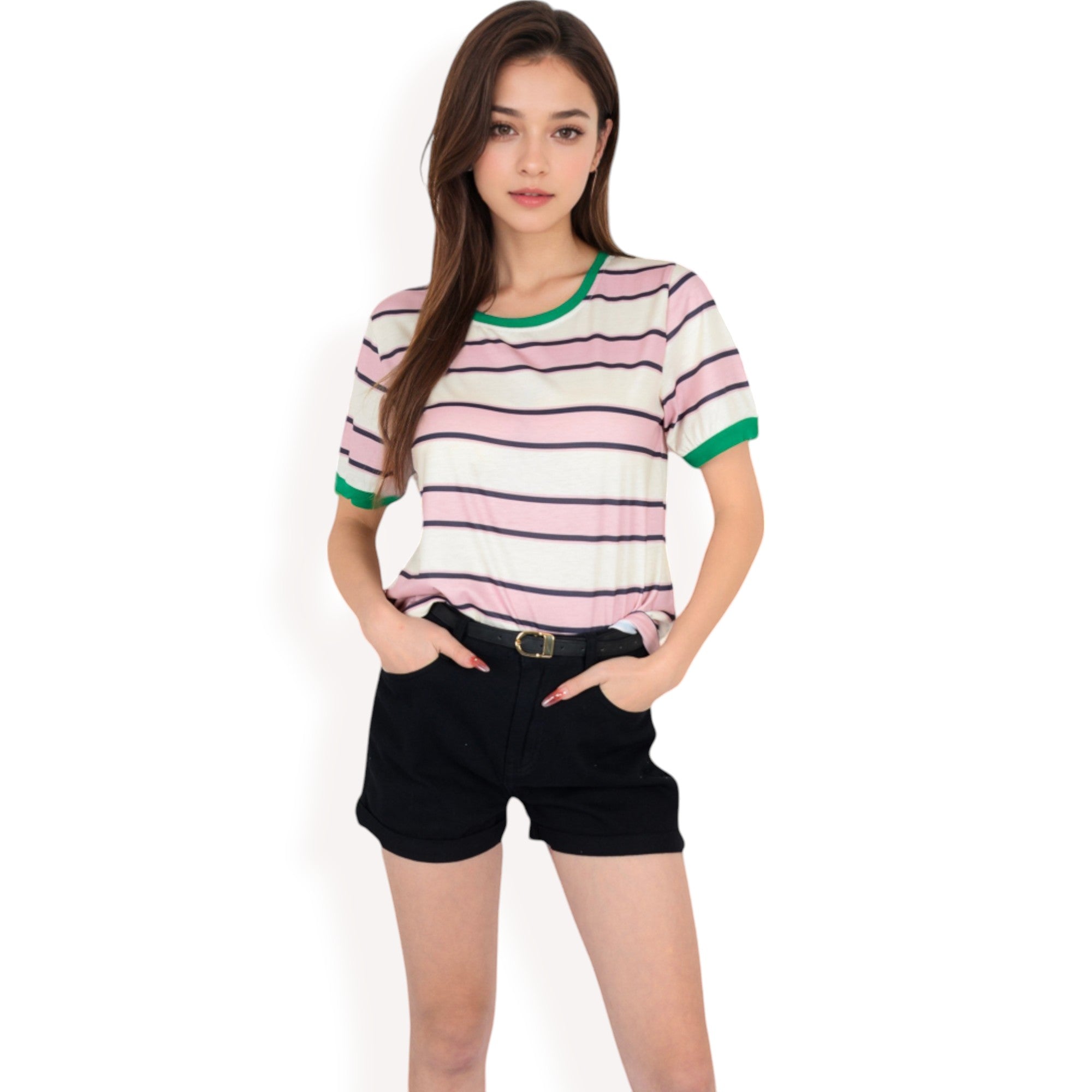 Anna-Kaci Women's Short Sleeve Striped Casual Tee with Contrast Trim