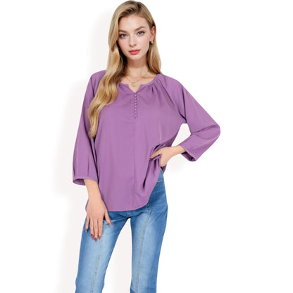 Anna-Kaci Women's 3/4 Sleeve Blouse with Gathered Neckline and Button Details