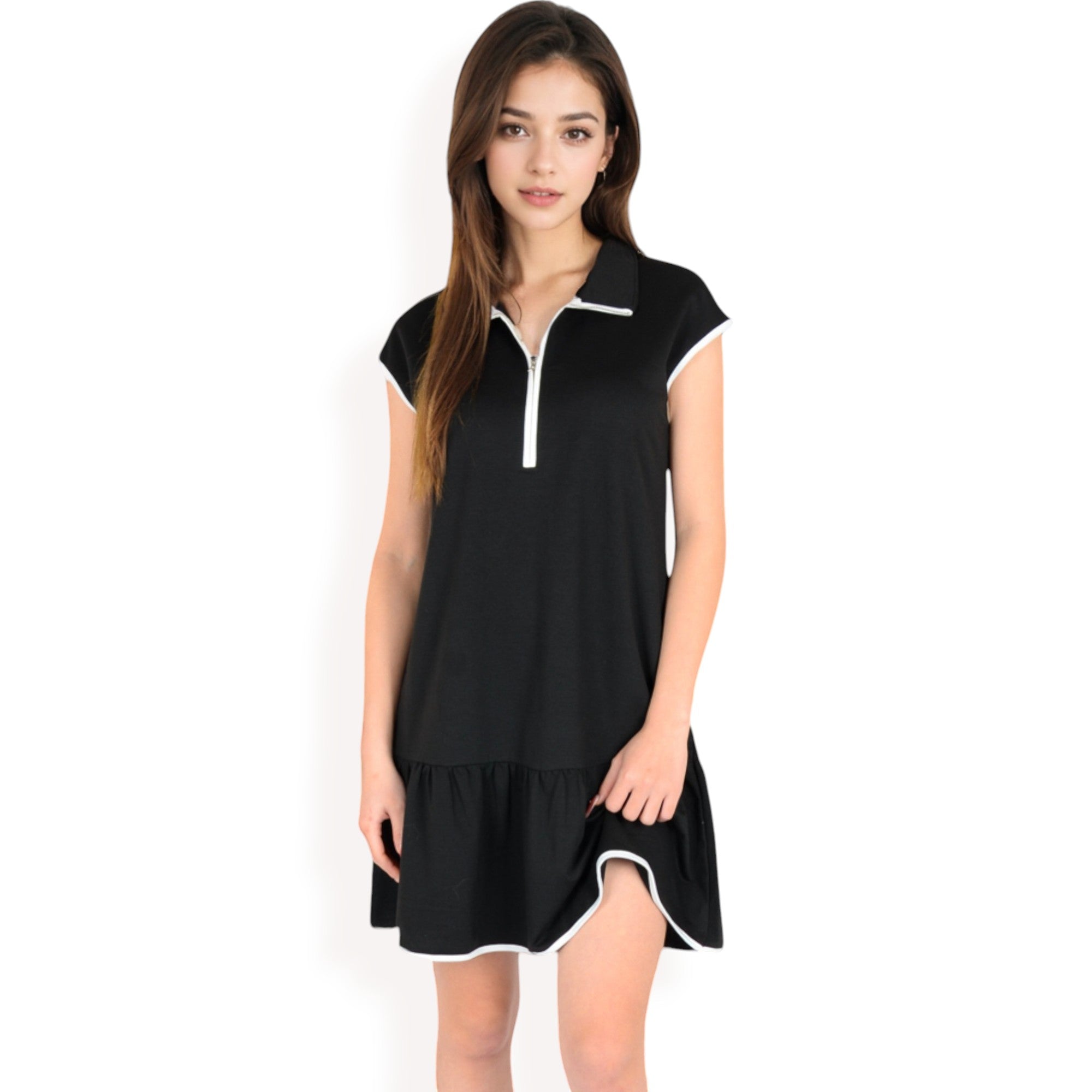Anna-Kaci Women's Zip-Up Collared Dress with Ruffle Hem