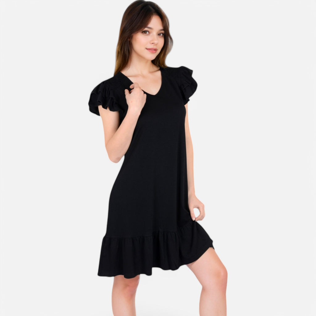 Anna-Kaci Women's Ruffle Sleeve V-Neck Dress with Tiered Hem and Relaxed Fit