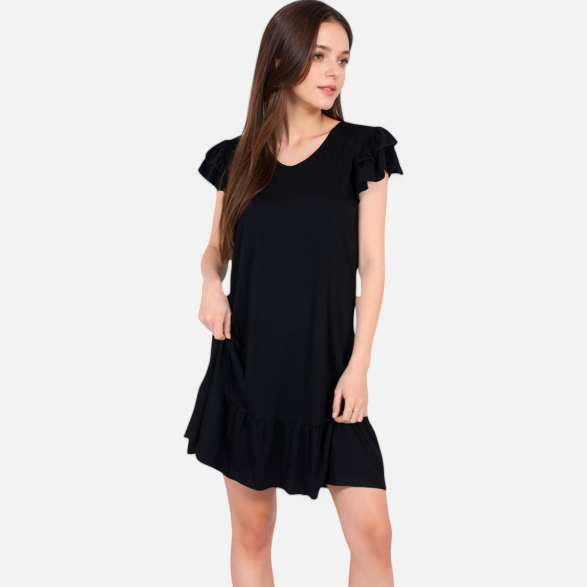 Anna-Kaci Women's Ruffle Sleeve V-Neck Dress with Tiered Hem and Relaxed Fit