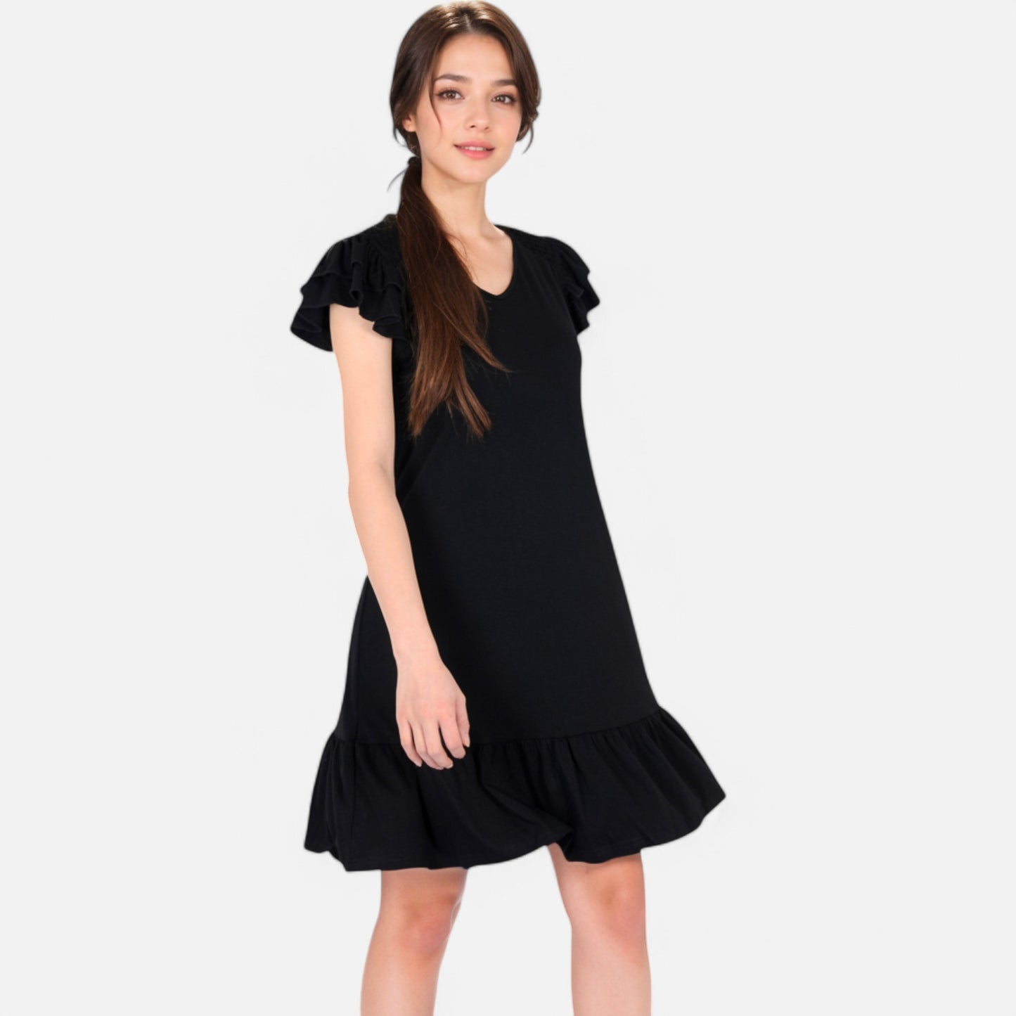 Anna-Kaci Women's Ruffle Sleeve V-Neck Dress with Tiered Hem and Relaxed Fit