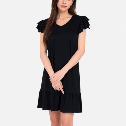 Anna-Kaci Women's Ruffle Sleeve V-Neck Dress with Tiered Hem and Relaxed Fit
