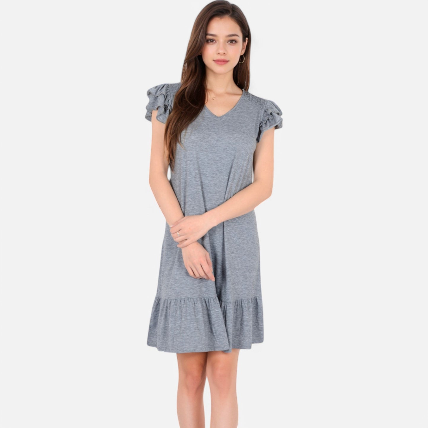 Anna-Kaci Women's Ruffle Sleeve V-Neck Dress with Tiered Hem and Relaxed Fit