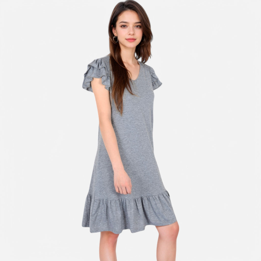 Anna-Kaci Women's Ruffle Sleeve V-Neck Dress with Tiered Hem and Relaxed Fit