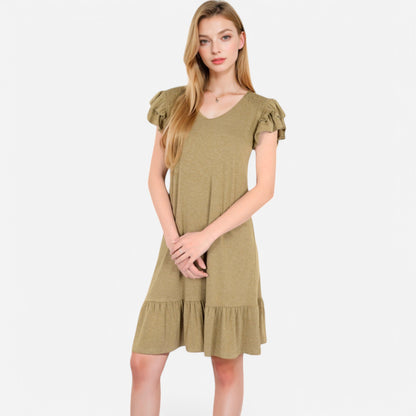Anna-Kaci Women's Ruffle Sleeve V-Neck Dress with Tiered Hem and Relaxed Fit