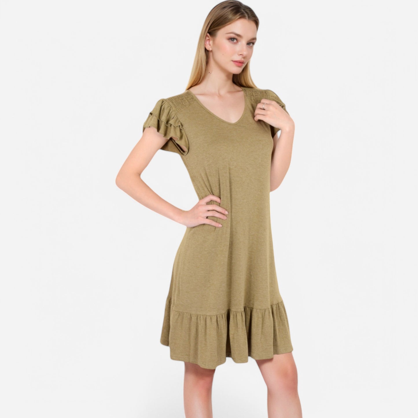 Anna-Kaci Women's Ruffle Sleeve V-Neck Dress with Tiered Hem and Relaxed Fit