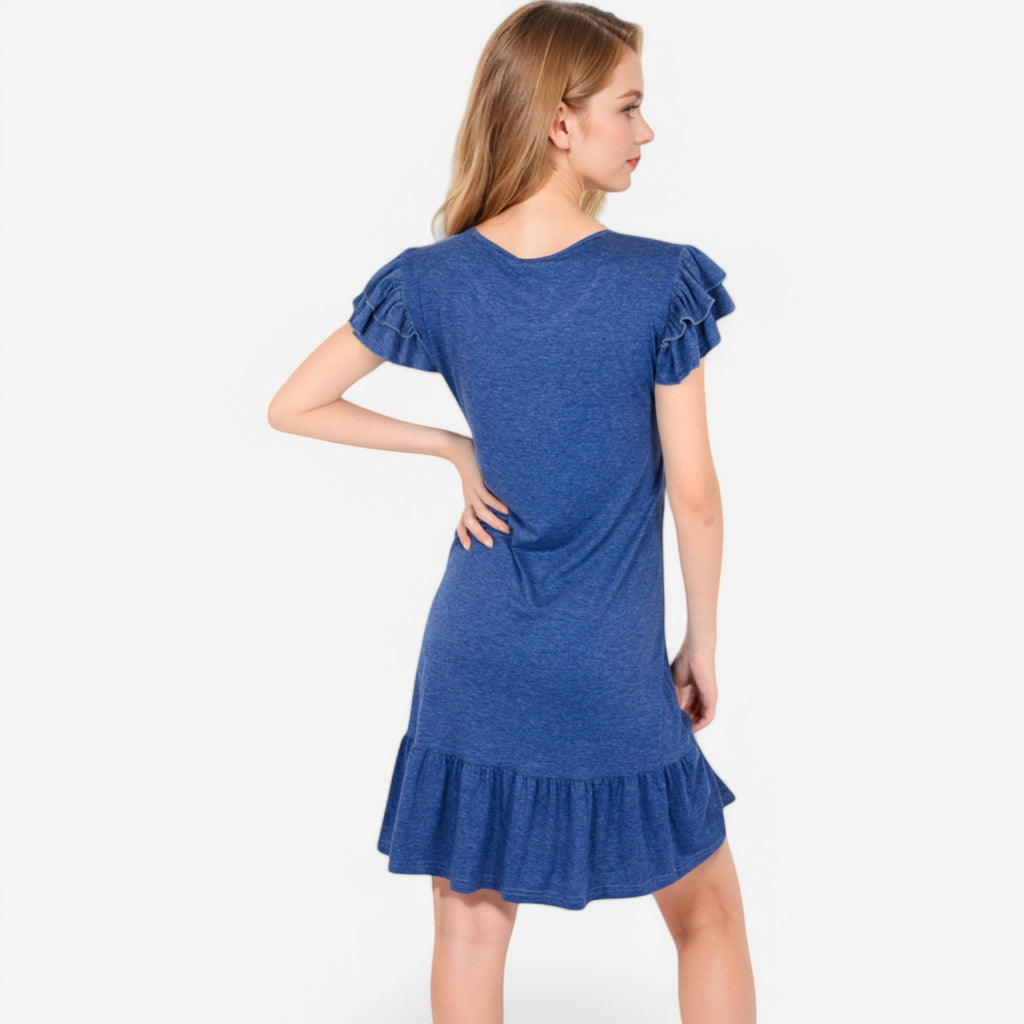 Anna-Kaci Women's Ruffle Sleeve V-Neck Dress with Tiered Hem and Relaxed Fit