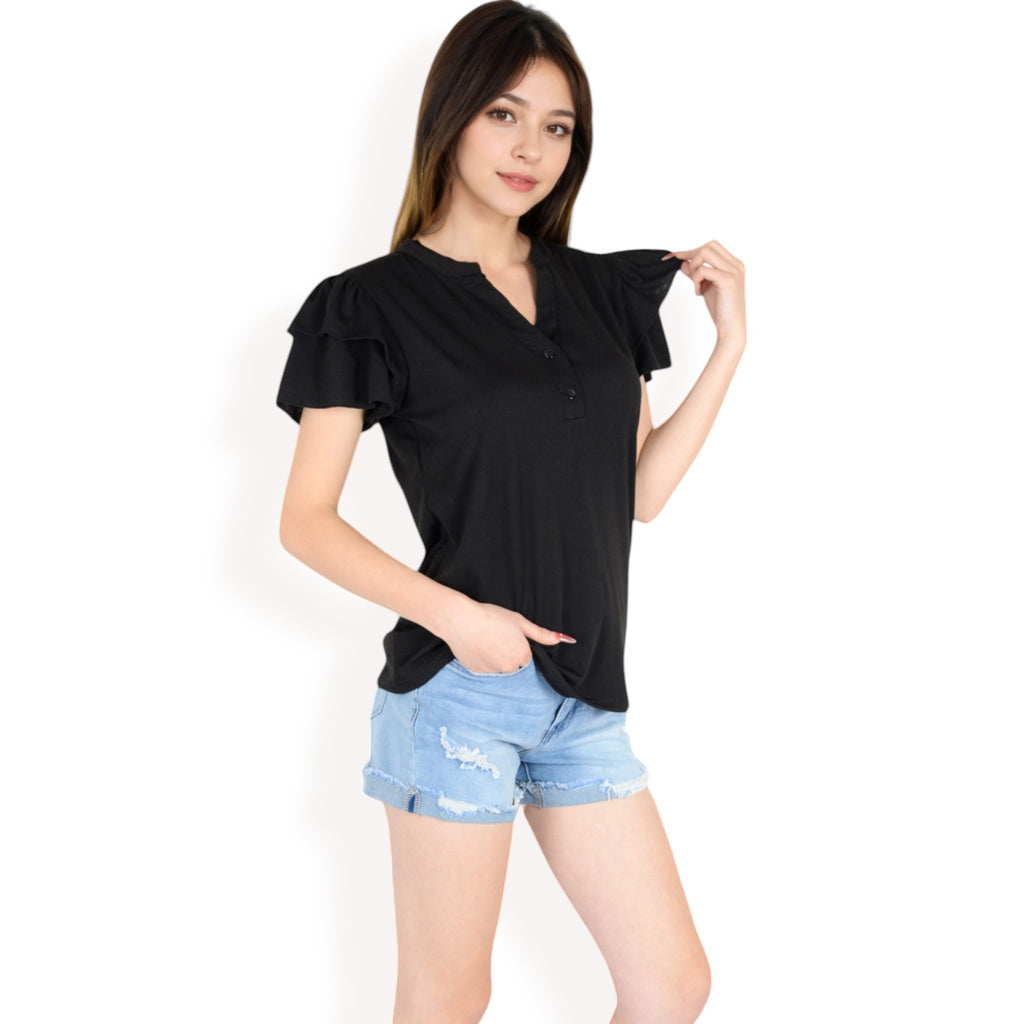 Anna-Kaci Women's Ruffle Sleeve Henley Top with Button Front Detail