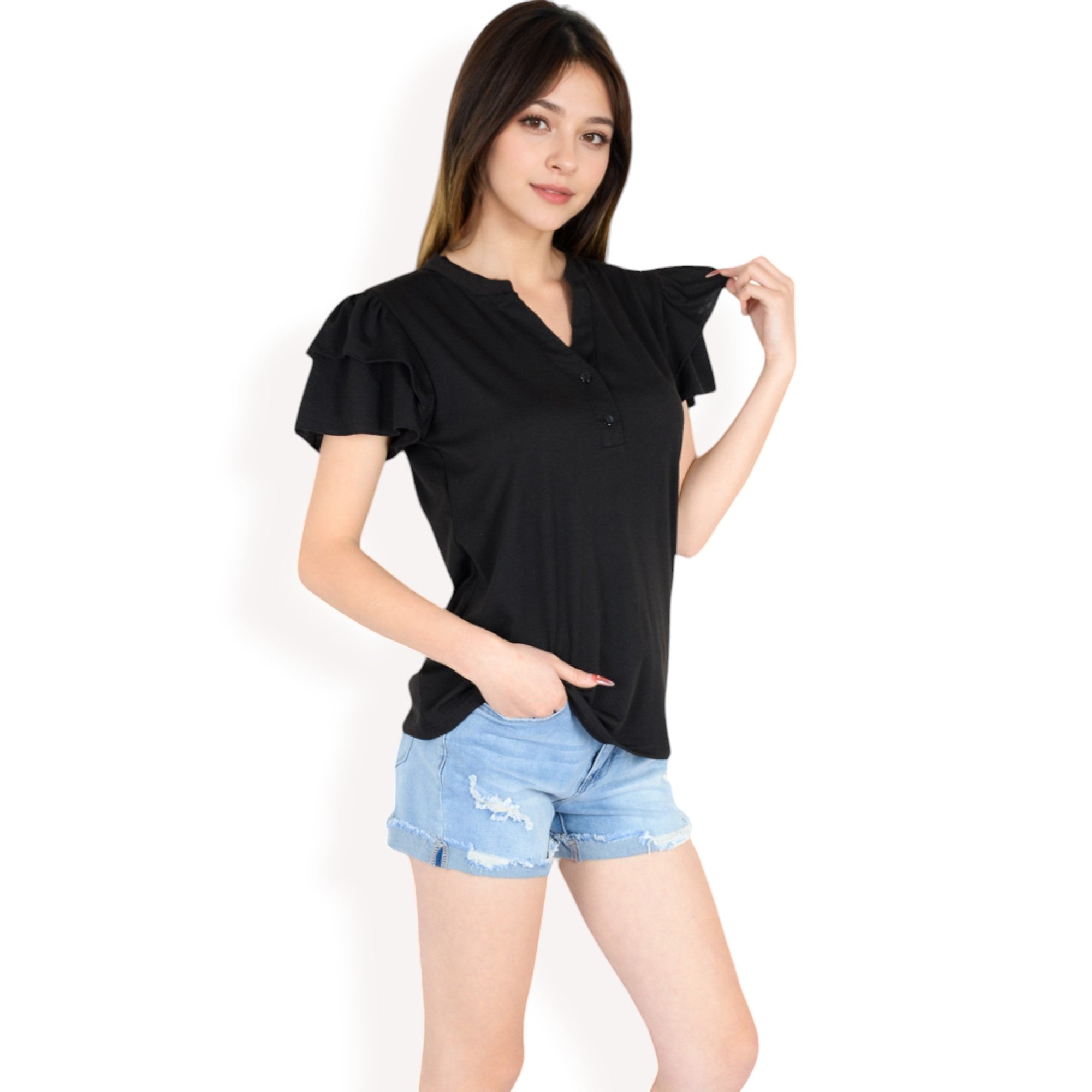 Anna-Kaci Women's Ruffle Sleeve Henley Top with Button Front Detail