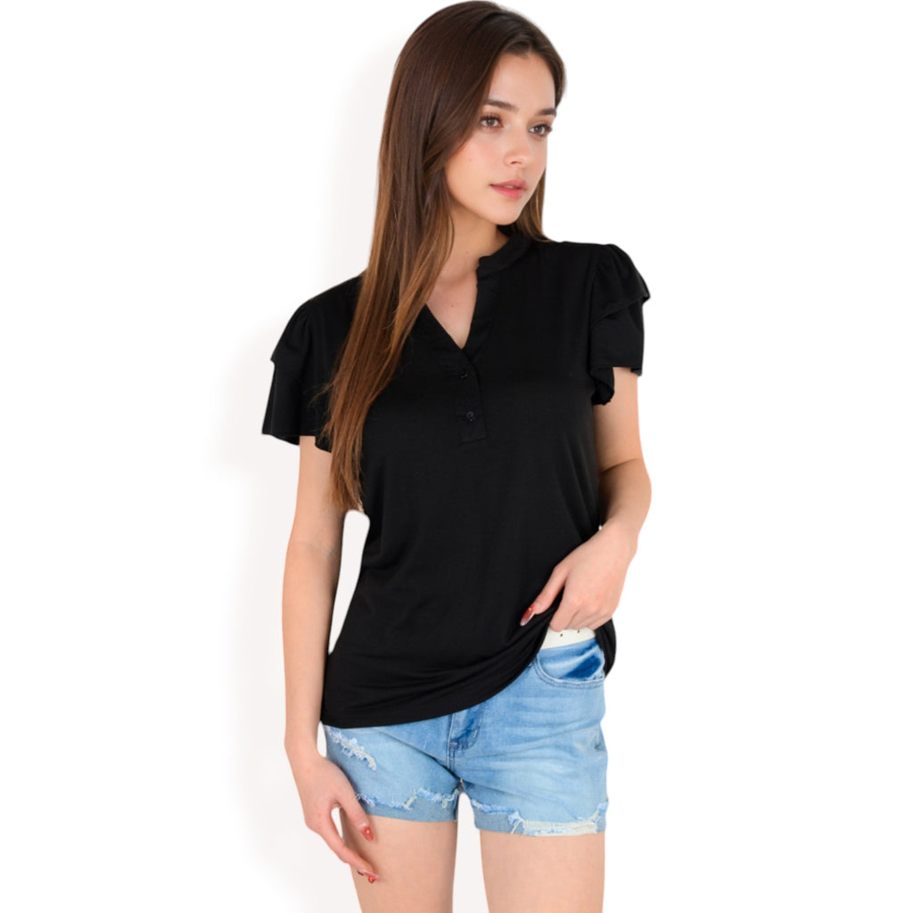 Anna-Kaci Women's Ruffle Sleeve Henley Top with Button Front Detail