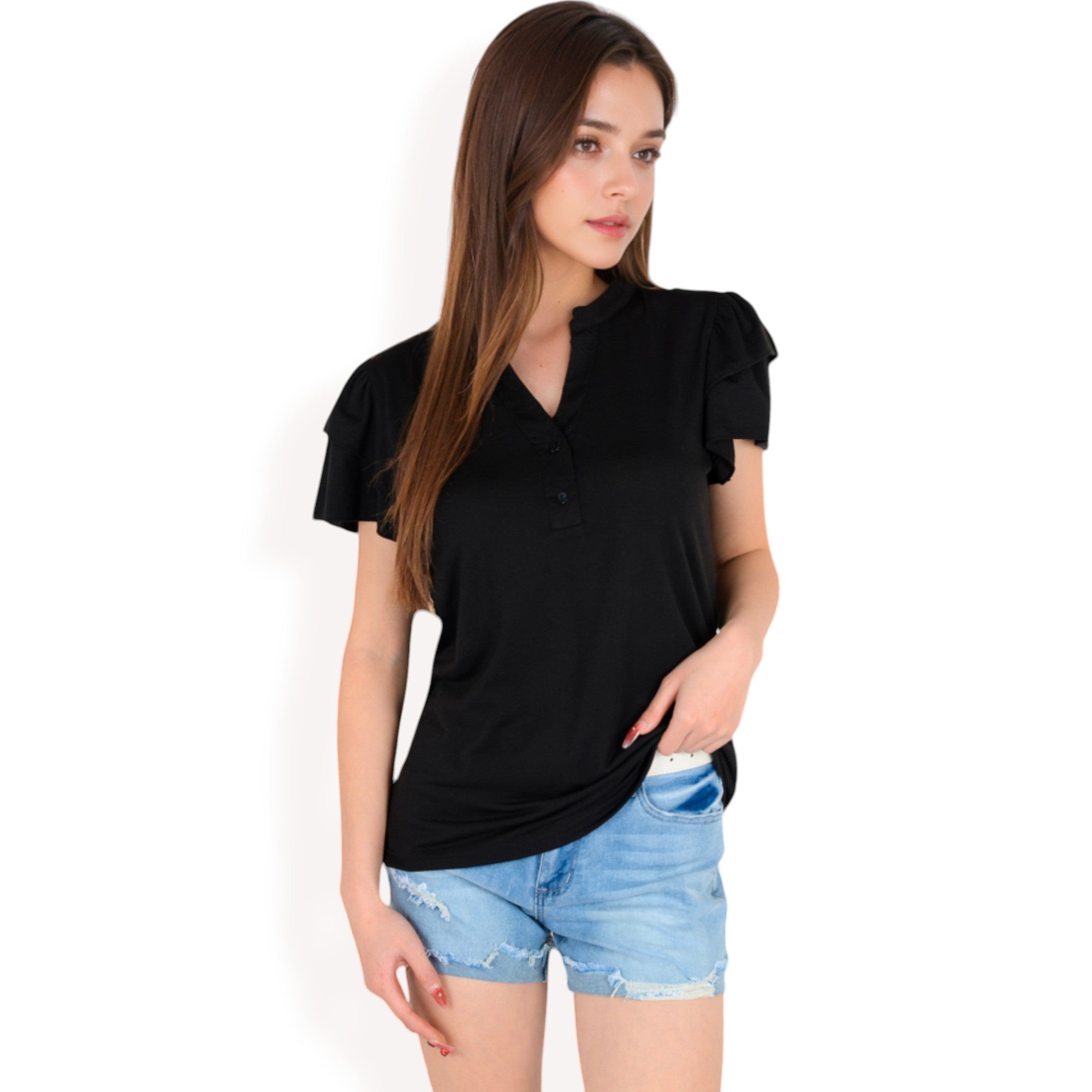 Anna-Kaci Women's Ruffle Sleeve Henley Top with Button Front Detail
