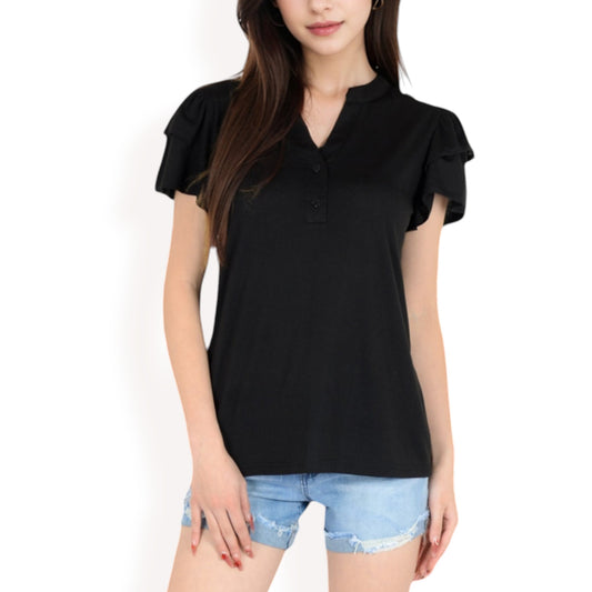 Anna-Kaci Women's Ruffle Sleeve Henley Top with Button Front Detail