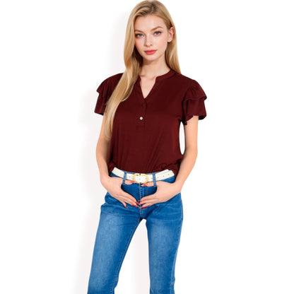 Anna-Kaci Women's Ruffle Sleeve Henley Top with Button Front Detail